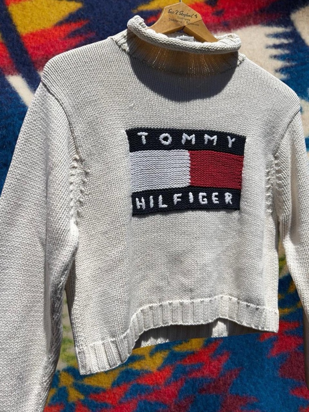 Tommy Hilfiger Cream Turtleneck Sweater with Red & Navy Logo